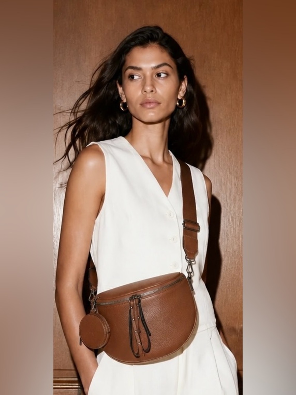 Women’s Brown Pebbled Crossbody Belt Bag with Coin Pouch - Picture 4 of 16